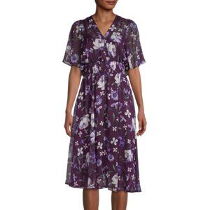 Calvin Klein Floral Chiffon Shirred-Waist Dress, Purple Multi, Size 14
